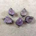 Gunmetal  Finish Large Raw Nugget Genuine Pale Amethyst Wavy Bezel Connector - ~ 21mm - 24mm Long - Sold Individually, Selected Randomly