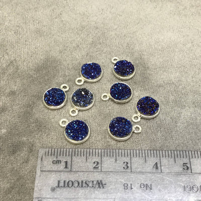 Silver Finish Metallic Dark Blue Round/Coin Shaped Natural Druzy Agate Bezel Pendant Component - Measures 8mm x 8mm - Sold Per Each