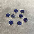Silver Finish Metallic Dark Blue Round/Coin Shaped Natural Druzy Agate Bezel Pendant Component - Measures 8mm x 8mm - Sold Per Each