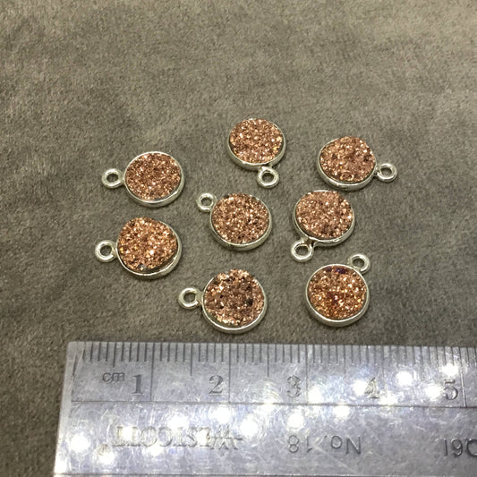 Silver Finish Metallic Peach/Rose Gold Round/Coin Shaped Natural Druzy Agate Bezel Pendant Component - Measures 8mm x 8mm - Sold Per Each