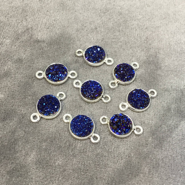 Silver Finish Metallic Dark Blue Round/Coin Shaped Natural Druzy Agate Bezel Connector Component - Measures 8mm x 8mm - Sold Per Each