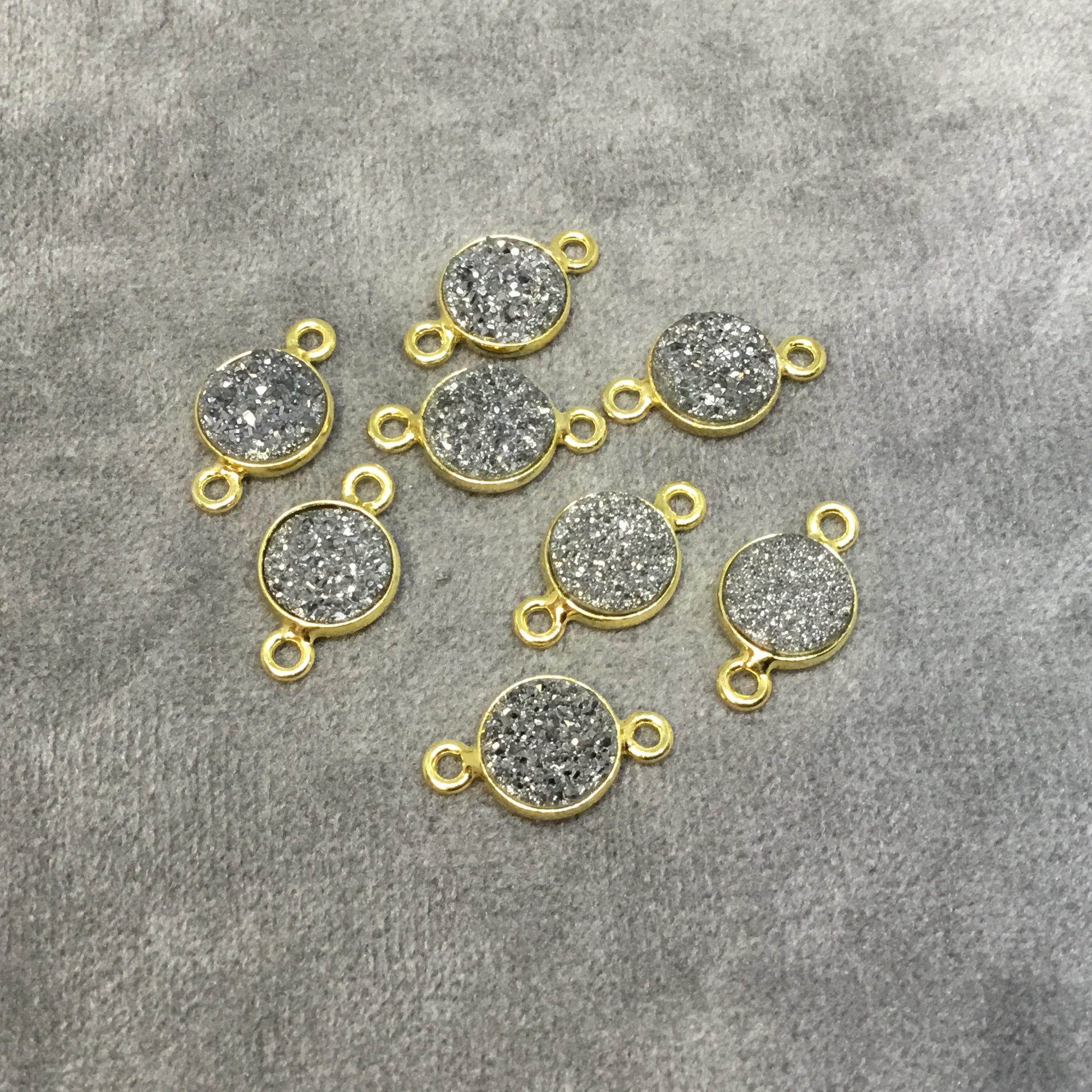 Druzy Agate Gold Finish Metallic Black Round/Coin Shaped Natural Bezel Connector Component - Measures 8mm x 8mm - Sold Individually