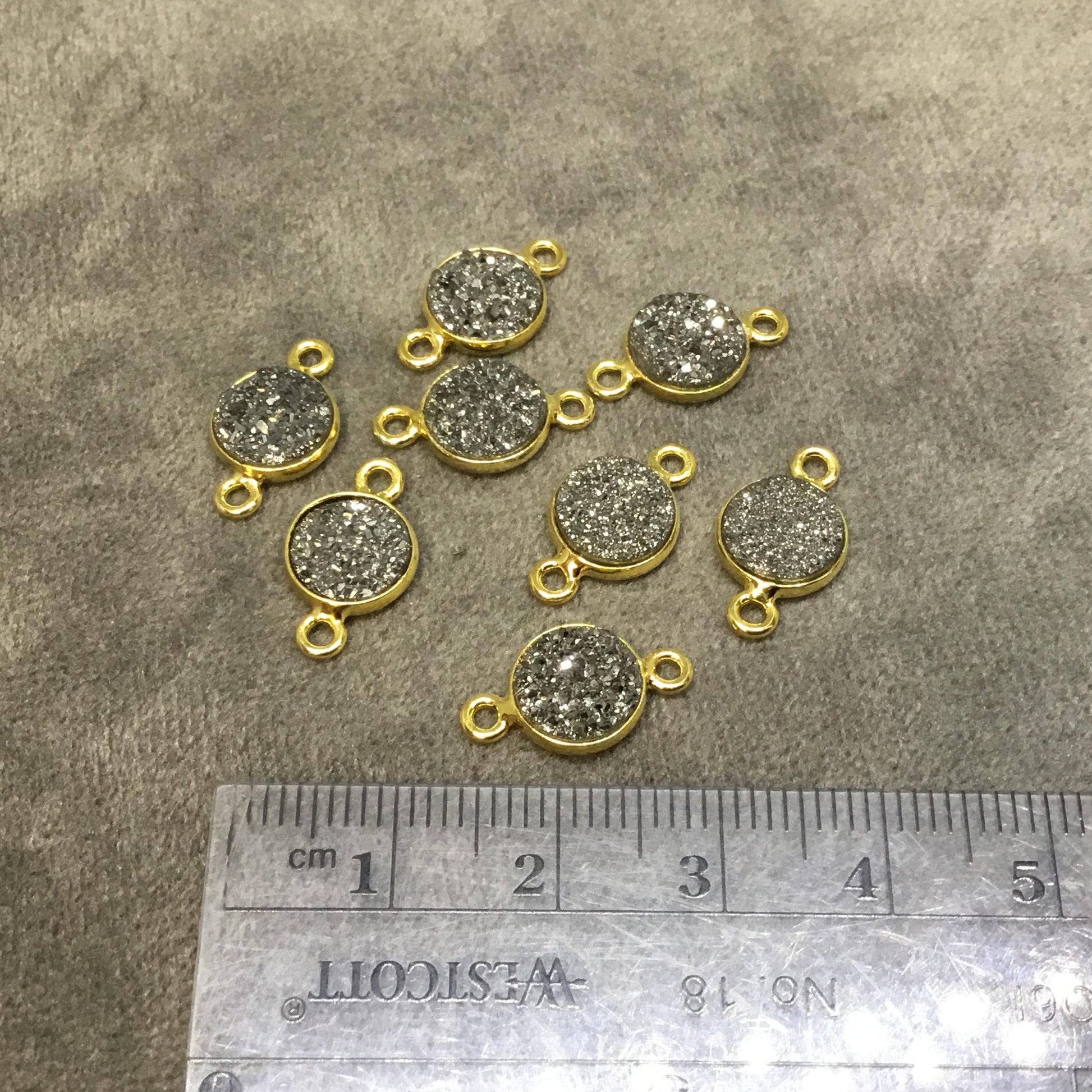 Druzy Agate Gold Finish Metallic Black Round/Coin Shaped Natural Bezel Connector Component - Measures 8mm x 8mm - Sold Individually