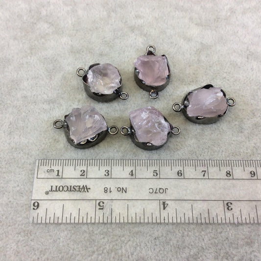 Gunmetal Finish Medium Raw Nugget Genuine Rose Quartz Wavy Bezel Connector - ~ 16mm - 20mm Long - Sold Individually, Selected Randomly