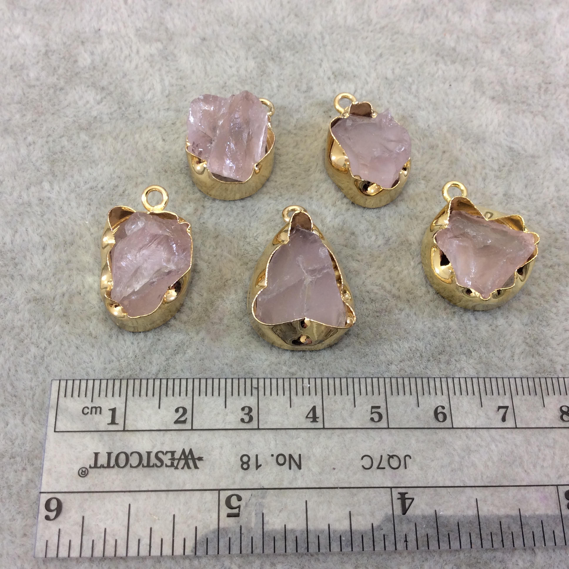 Gold Finish Medium Raw Nugget Genuine Rose Quartz Wavy Bezel Pendant - 16mm - 20mm Long, Approx. - Sold Individually, Selected Randomly