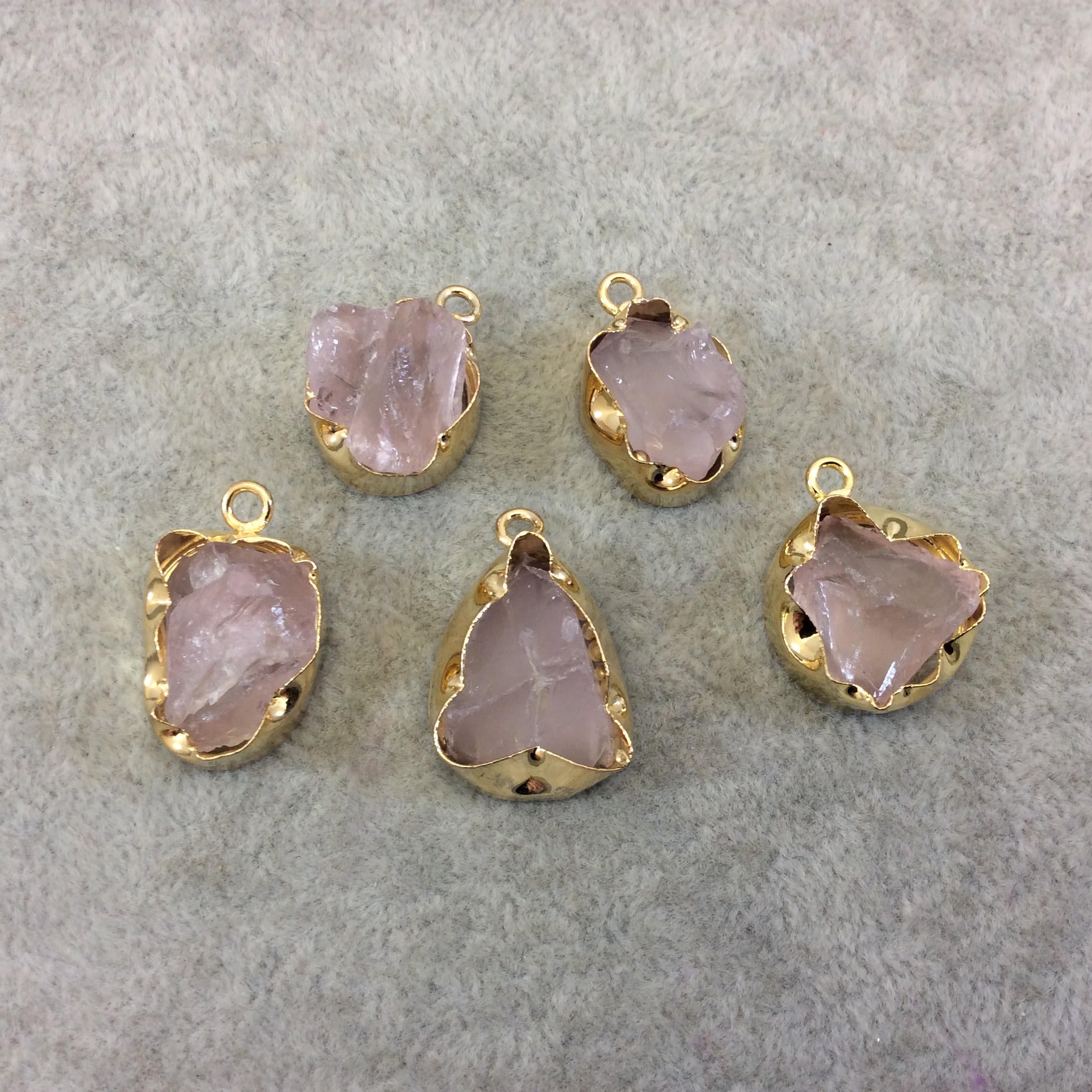 Gold Finish Medium Raw Nugget Genuine Rose Quartz Wavy Bezel Pendant - 16mm - 20mm Long, Approx. - Sold Individually, Selected Randomly