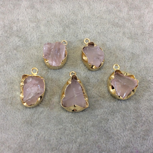 Gold Finish Medium Raw Nugget Genuine Rose Quartz Wavy Bezel Pendant - 16mm - 20mm Long, Approx. - Sold Individually, Selected Randomly