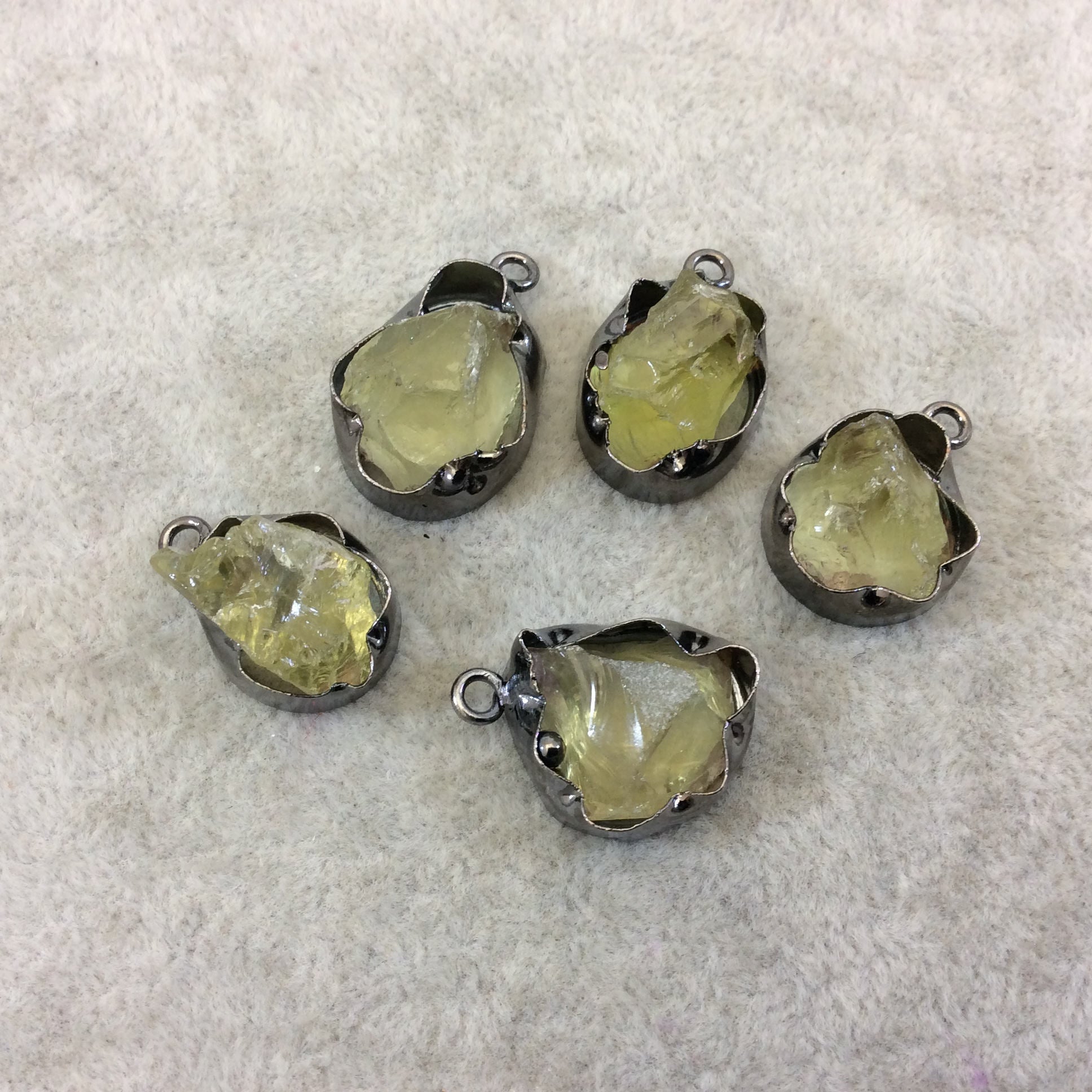 Gunmetal Finish Small Raw Nugget Genuine Lemon Quartz Wavy Bezel Pendant - ~ 15mm - 20mm Long - Sold Individually, Selected Randomly