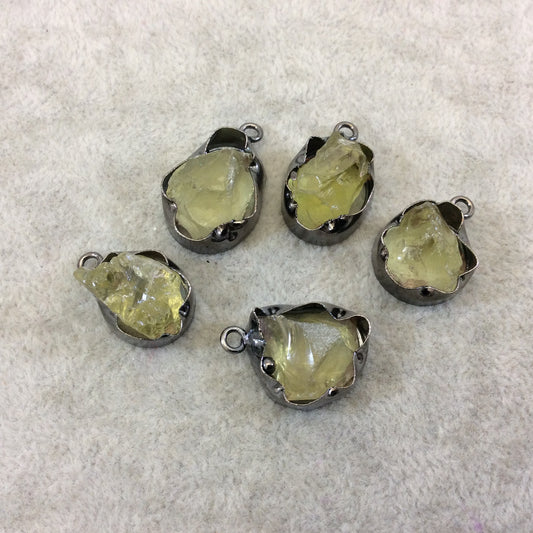 Gunmetal Finish Small Raw Nugget Genuine Lemon Quartz Wavy Bezel Pendant - ~ 15mm - 20mm Long - Sold Individually, Selected Randomly
