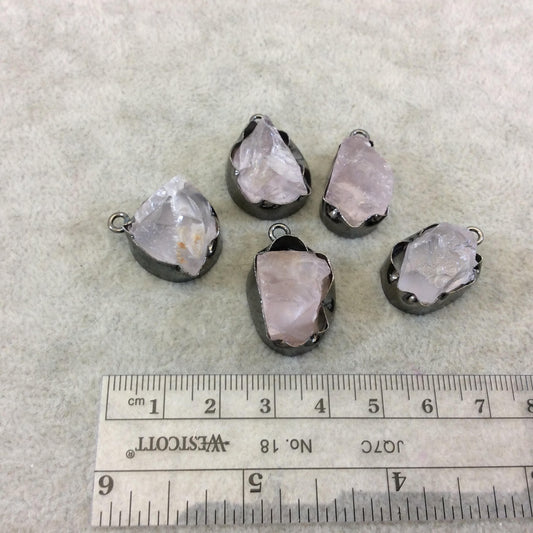 Gunmetal Finish Medium Raw Nugget Genuine Rose Quartz Wavy Bezel Pendant - ~ 17mm - 20mm Long - Sold Individually, Selected Randomly