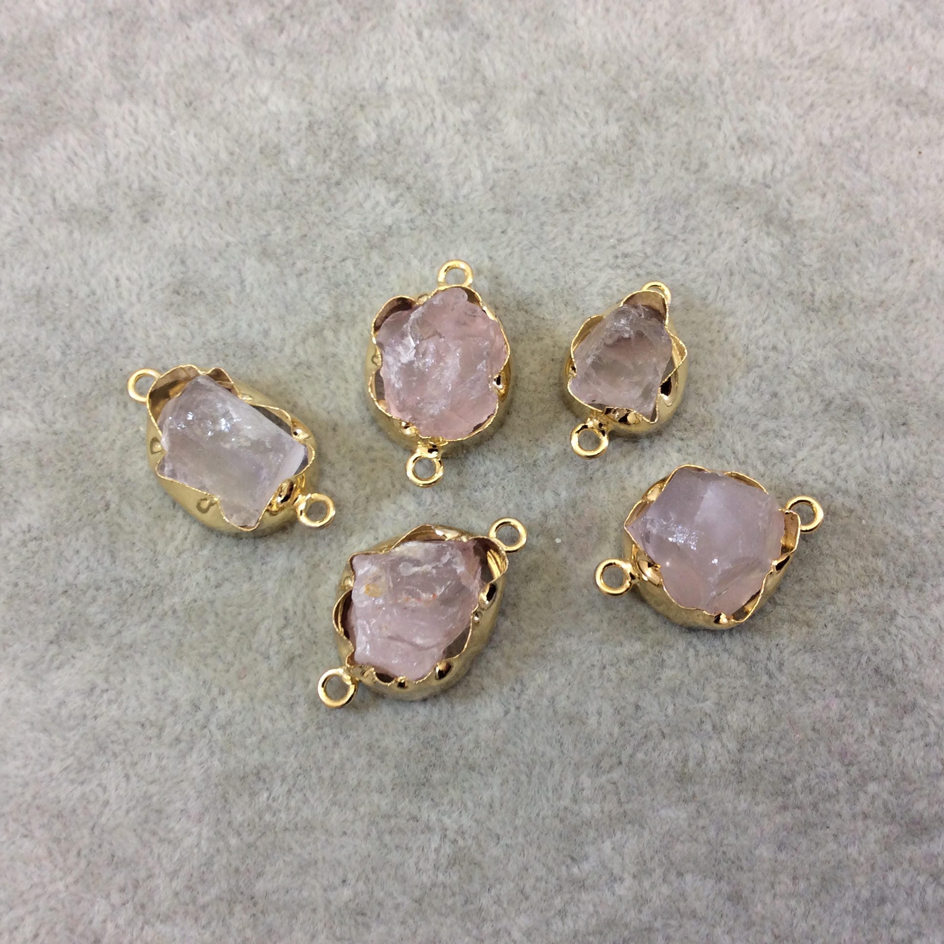 Gold Finish Medium Raw Nugget Genuine Rose Quartz Wavy Bezel Connector - 15mm - 20mm Long, Approx. - Sold Individually, Selected Randomly