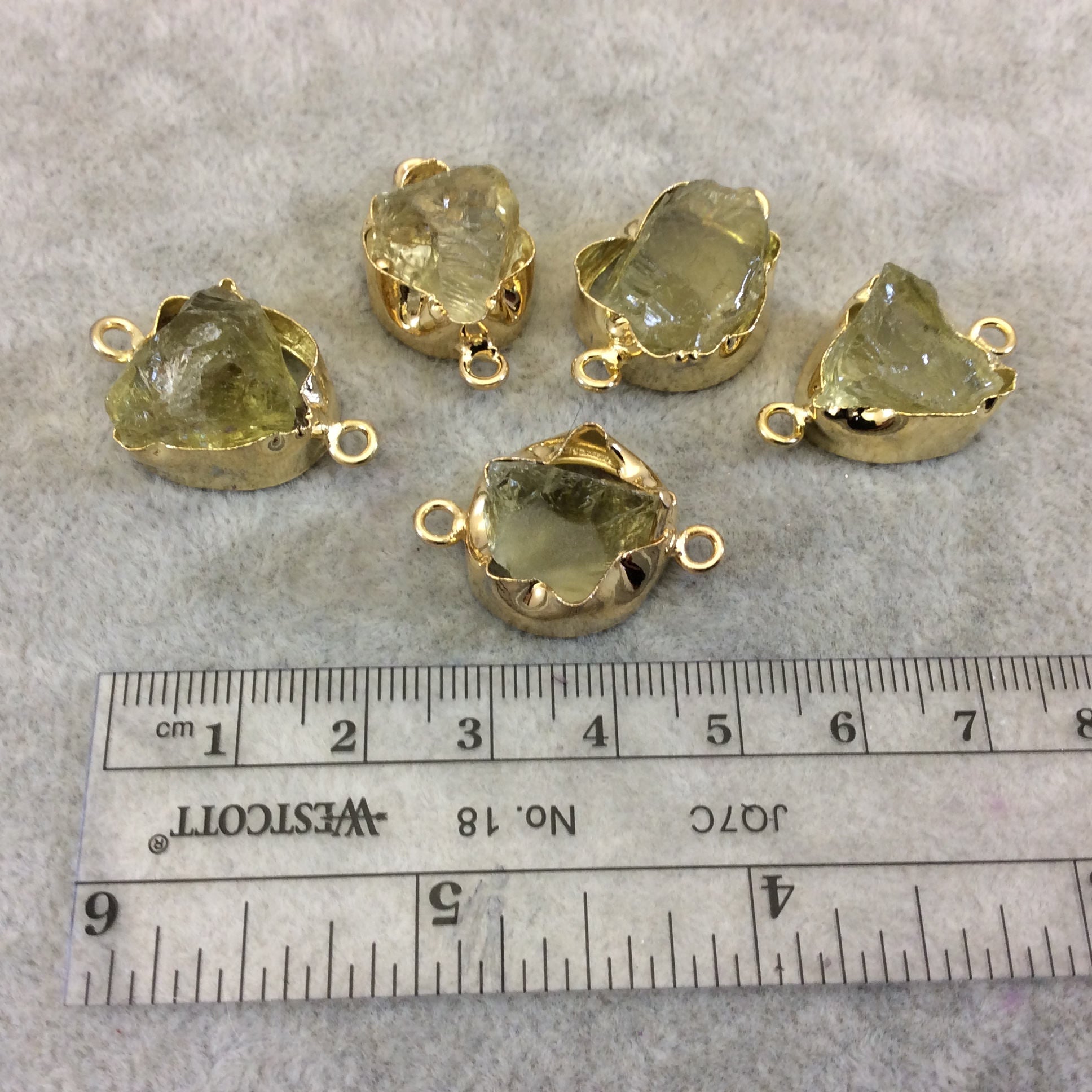 Gold Finish Medium Raw Nugget Genuine Lemon Quartz Wavy Bezel Connector - ~ 16mm - 20mm Long - Sold Individually, Selected Randomly