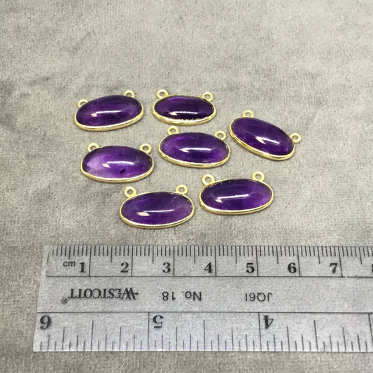 Gold Plated Copper Smooth Natural Amethyst Flat Back Oval Shaped Bezel Pendant with Two Top Rings - Measuring 18mm x 9mm - Individually Sold