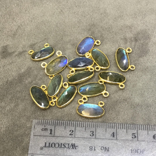 Labradorite Bezel | Gold Plated Copper Faceted Natural Faceted Oval Shaped Pendant with Two Top Rings - Measuring 14mm x 7mm