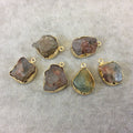 Gold Finish Medium Raw Nugget Genuine Moss Aquamarine Wavy Bezel Pendant - ~ 16mm - 20mm Long - Sold Individually, Selected Randomly