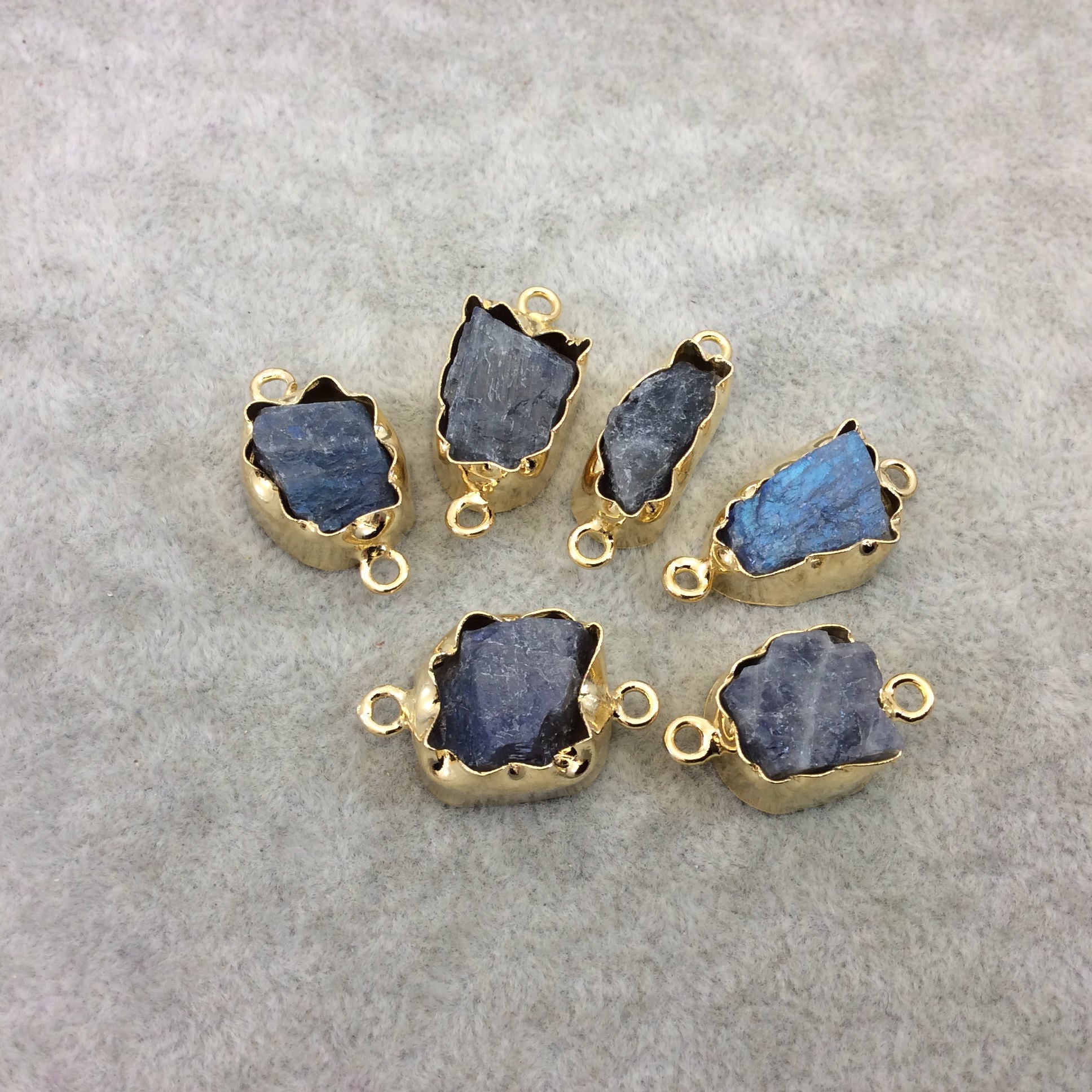Gold Finish Medium Raw Nugget Genuine Labradorite Wavy Bezel Connector - ~ 16mm - 20mm Long - Sold Individually, Selected Randomly