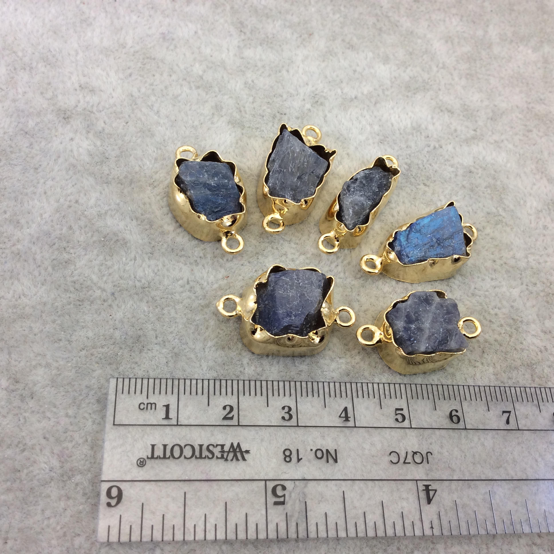 Gold Finish Medium Raw Nugget Genuine Labradorite Wavy Bezel Connector - ~ 16mm - 20mm Long - Sold Individually, Selected Randomly