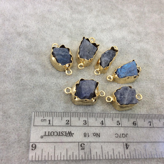 Gold Finish Medium Raw Nugget Genuine Labradorite Wavy Bezel Connector - ~ 16mm - 20mm Long - Sold Individually, Selected Randomly