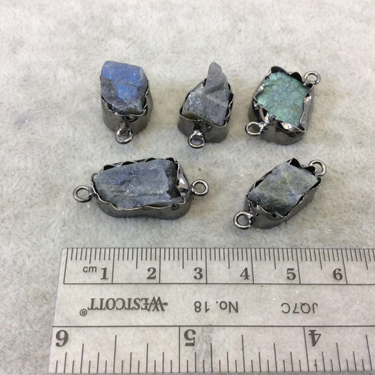 Gunmetal Finish Medium Raw Nugget Genuine Labradorite Wavy Bezel Connector  ~ 16mm - 20mm Long - Sold Individually, Selected Randomly