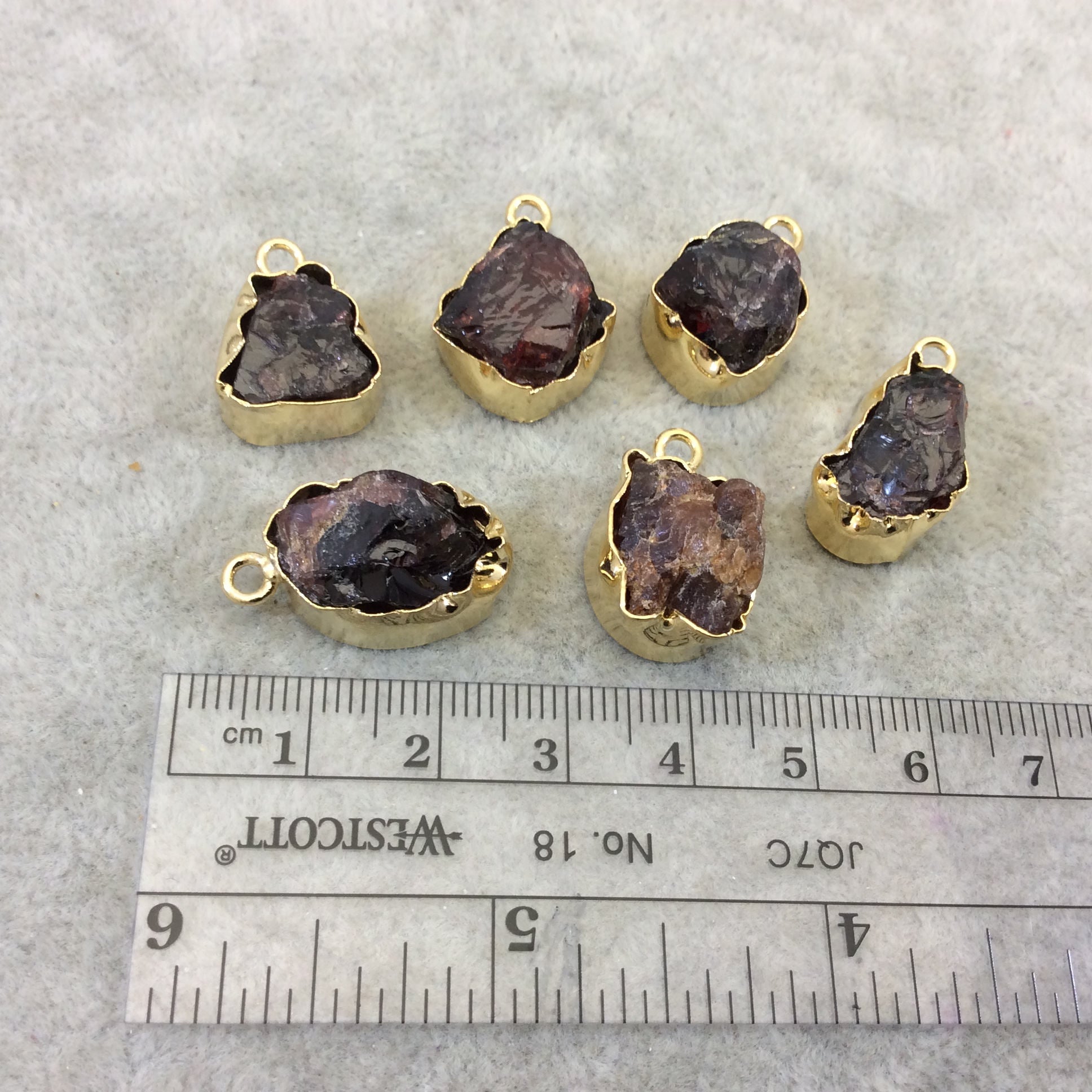 Gold Finish Medium Raw Nugget Genuine Garnet Wavy Bezel Pendant - ~ 16mm - 20mm Long - Sold Individually, Selected Randomly