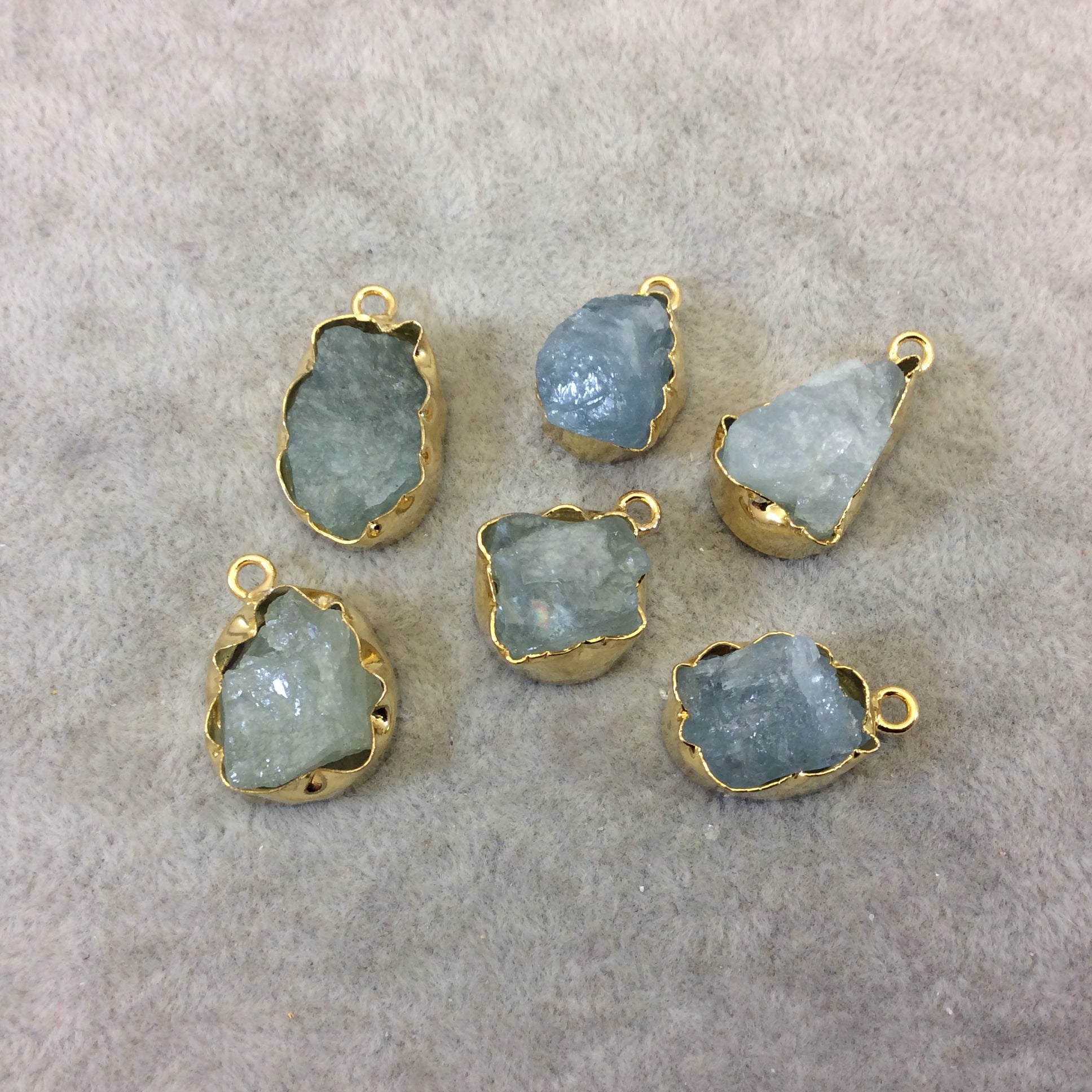 Gold Finish Medium Raw Nugget Genuine Aquamarine Wavy Bezel Pendant - ~ 16mm - 20mm Long - Sold Individually, Selected Randomly