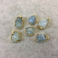Gold Finish Medium Raw Nugget Genuine Aquamarine Wavy Bezel Pendant - ~ 16mm - 20mm Long - Sold Individually, Selected Randomly