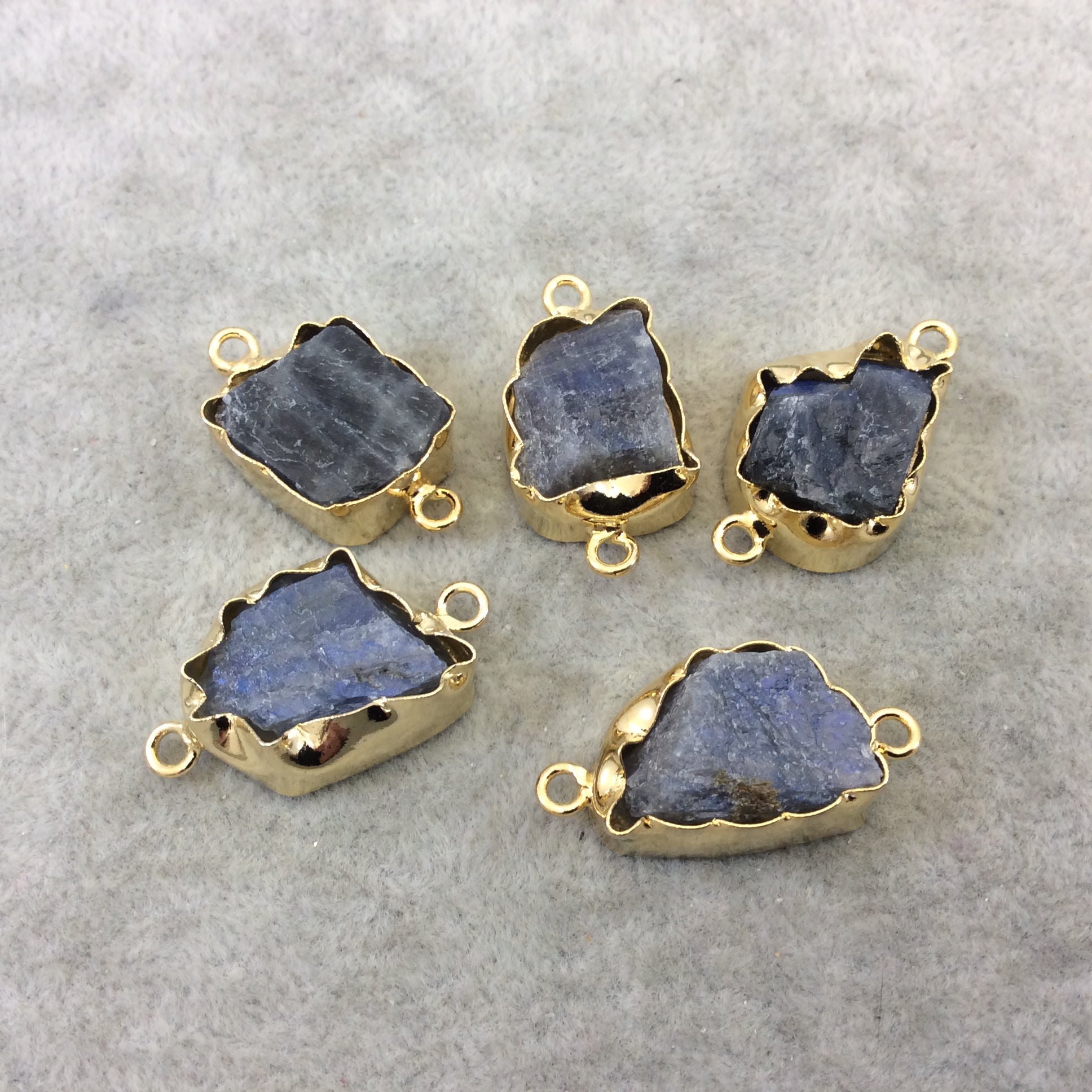 Gold Finish Large Raw Nugget Genuine Labradorite Wavy Bezel Connector - ~ 18mm - 22mm Long - Sold Individually, Selected Randomly