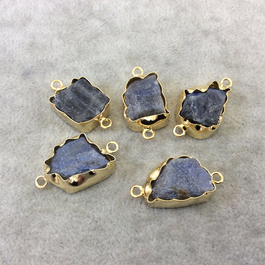 Gold Finish Large Raw Nugget Genuine Labradorite Wavy Bezel Connector - ~ 18mm - 22mm Long - Sold Individually, Selected Randomly