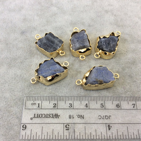 Gold Finish Large Raw Nugget Genuine Labradorite Wavy Bezel Connector - ~ 18mm - 22mm Long - Sold Individually, Selected Randomly