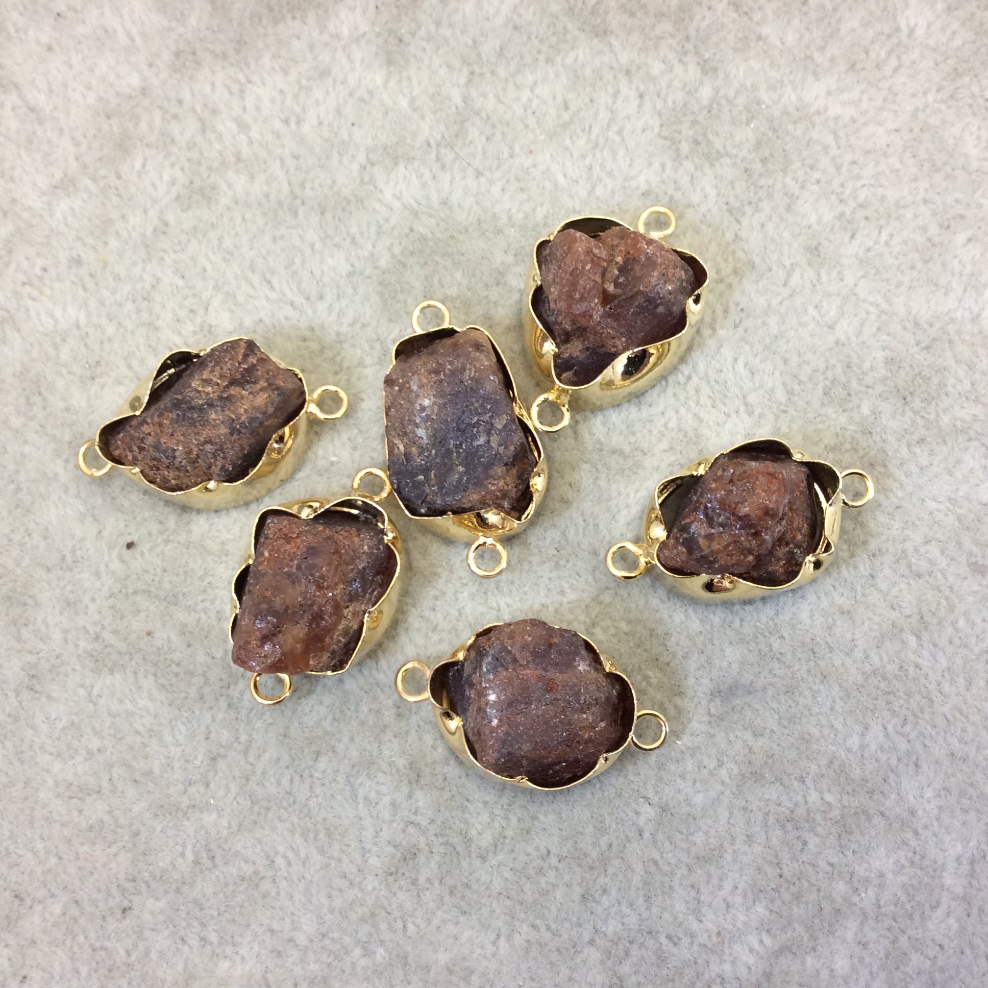 Gold Finish Large Raw Nugget Genuine Hessonite Garnet Wavy Bezel Connector - ~ 18mm - 22mm Long - Sold Individually, Selected Randomly