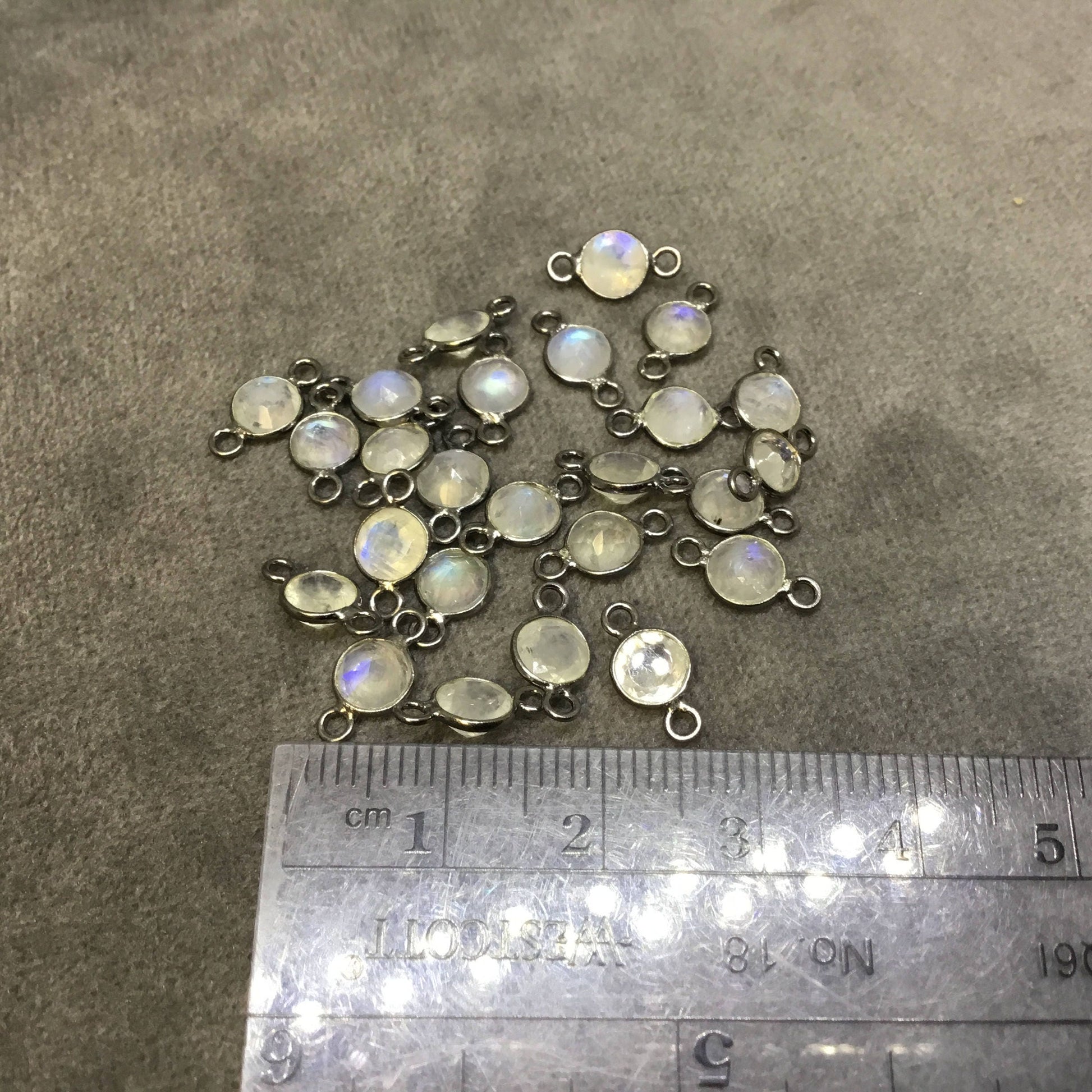 BULK PACK of Six (6) Gunmetal Sterling Silver Pointed/Cut Stone Faceted Round/Coin Shaped Moonstone Bezel Connectors - Measuring 5mm x 5mm