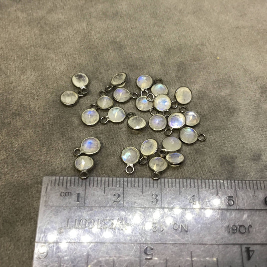 BULK PACK of Six (6) Gunmetal Sterling Silver Pointed/Cut Stone Faceted Round/Coin Shaped Moonstone Bezel Pendants - Measuring 4mm x 4mm
