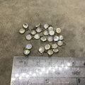 BULK PACK of Six (6) Gunmetal Sterling Silver Pointed/Cut Stone Faceted Round/Coin Shaped Moonstone Bezel Pendants - Measuring 4mm x 4mm