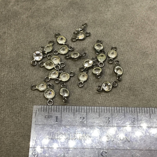BULK PACK of Six (6) Gunmetal Sterling Silver Pointed/Cut Stone Faceted Round/Coin Shaped Clear Quartz Bezel Connectors - Measuring 4 x 4mm