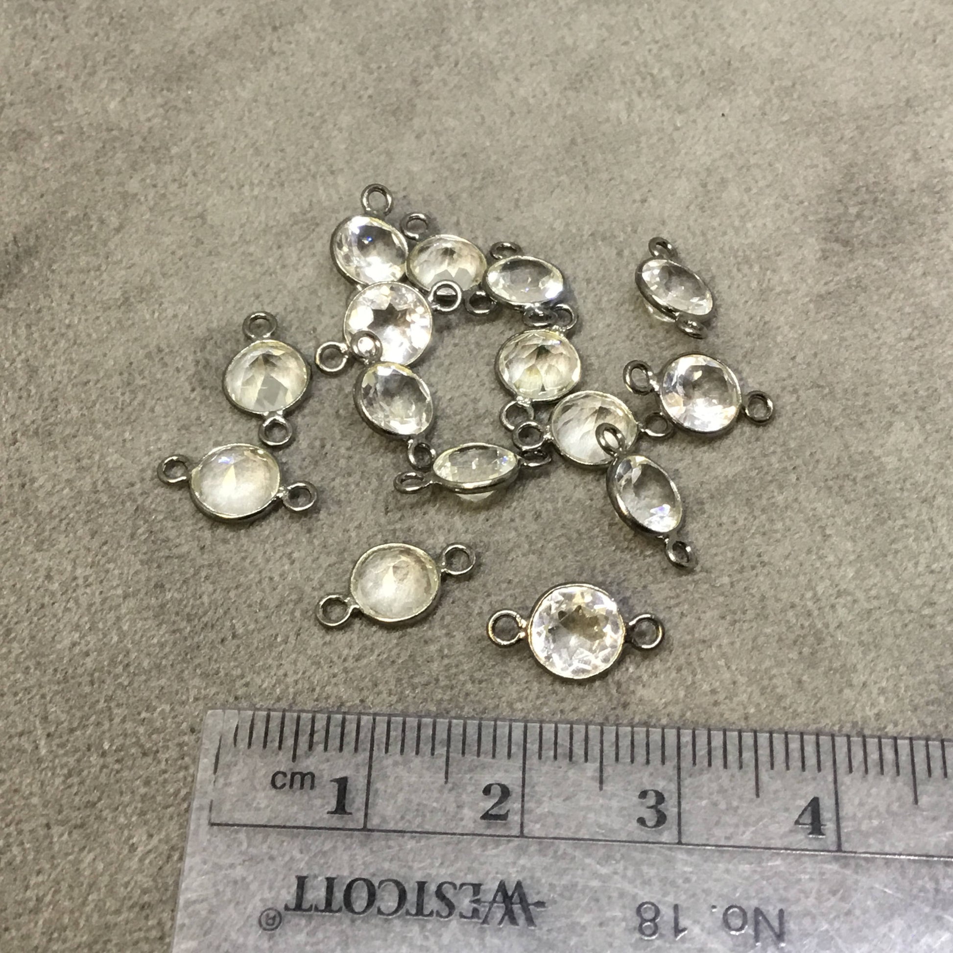 BULK PACK of Six (6) Gunmetal Sterling Silver Pointed/Cut Stone Faceted Round/Coin Shaped Clear Quartz Bezel Connectors - Measuring 6 x 6mm