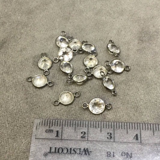 BULK PACK of Six (6) Gunmetal Sterling Silver Pointed/Cut Stone Faceted Round/Coin Shaped Clear Quartz Bezel Connectors - Measuring 6 x 6mm