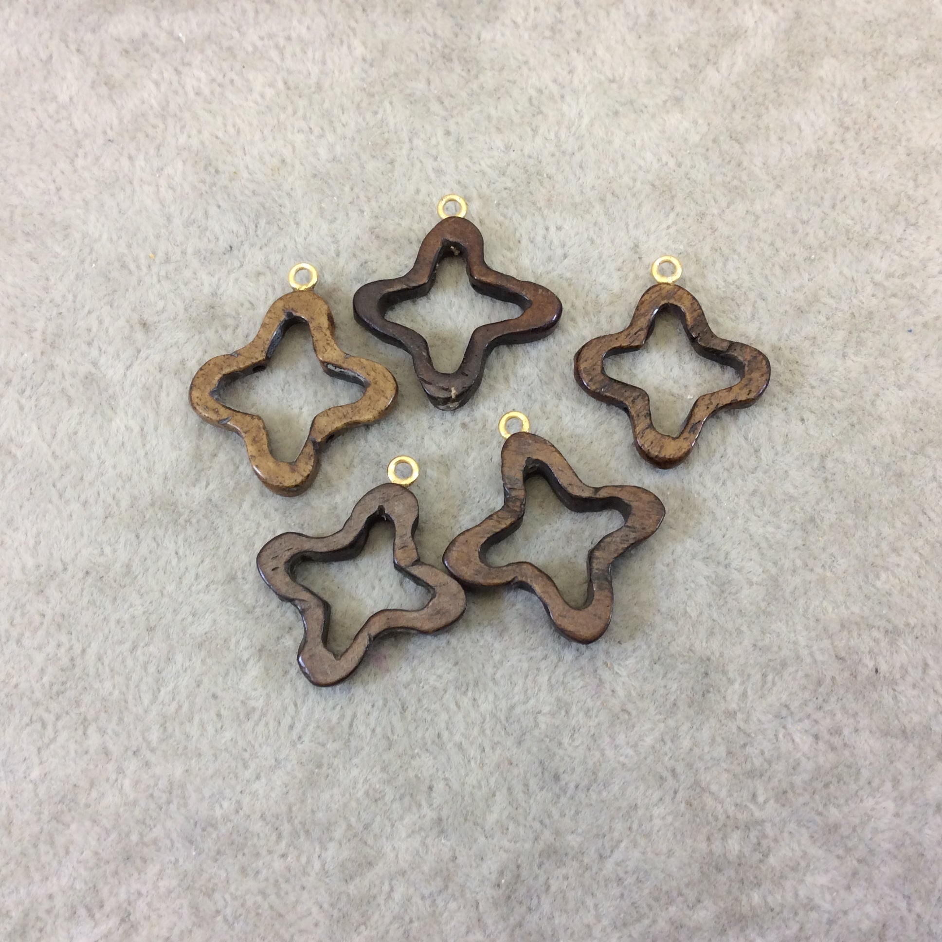 Extra Small Medium Brown Open Quatrefoil Shape Natural Ox Bone Focal Pendant W Attached Gold Suspension Ring  ~ 23mm x 23mm - Sold Per Each