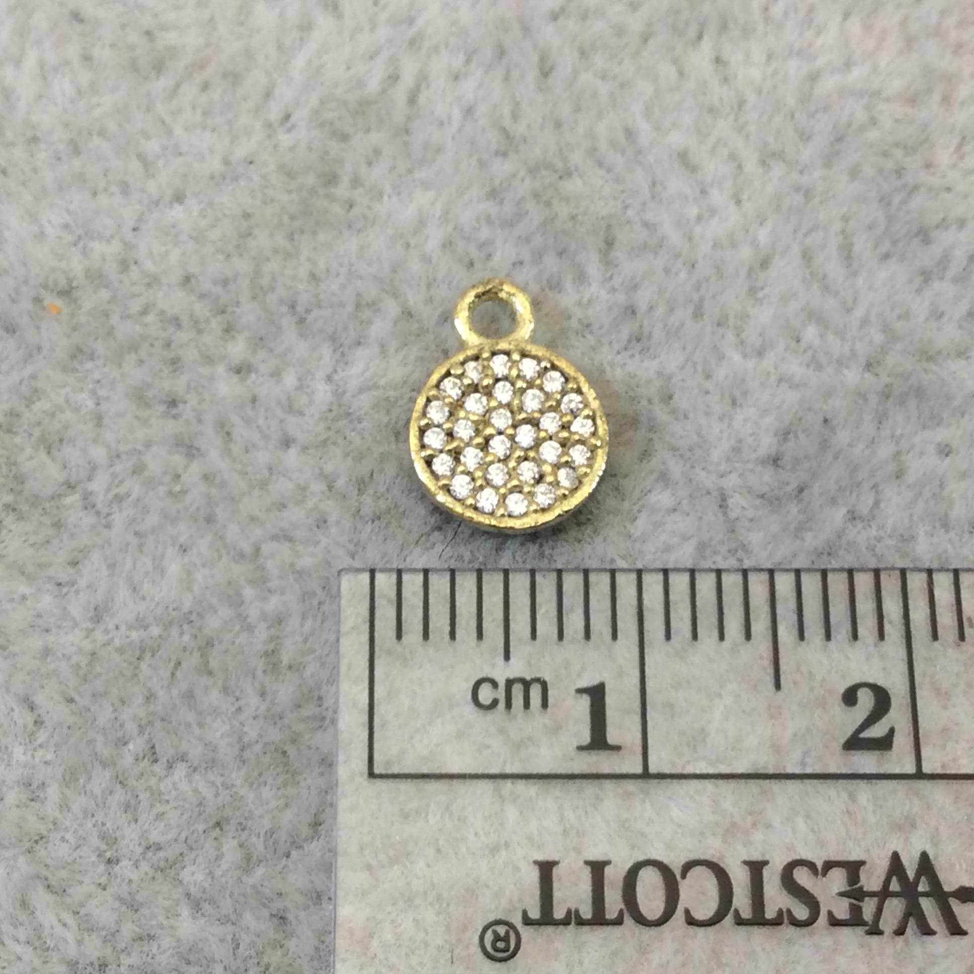 Tiny Gold Finish Round/Coin Shaped CZ Cubic Zirconia Inlaid Plated Copper Pendant Component - Measuring 7mm x 7mm  - Sold Individually