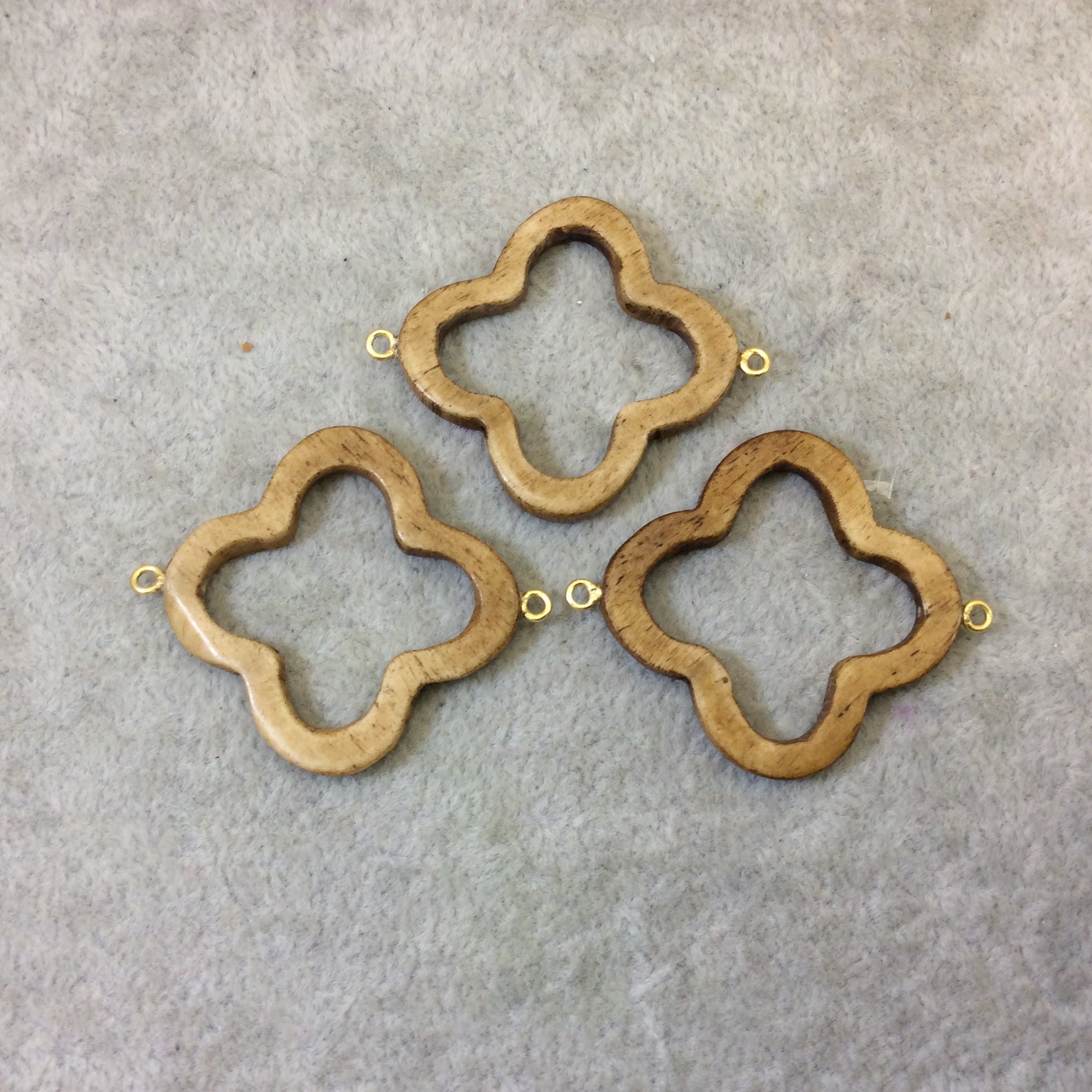 Medium Light Brown Open Quatrefoil Shaped Natural Ox Bone Connector with Attached Gold Suspension Rings - Measuring 36mm x 36mm, Approx.