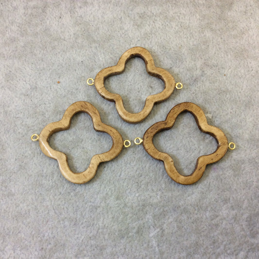 Medium Light Brown Open Quatrefoil Shaped Natural Ox Bone Connector with Attached Gold Suspension Rings - Measuring 36mm x 36mm, Approx.