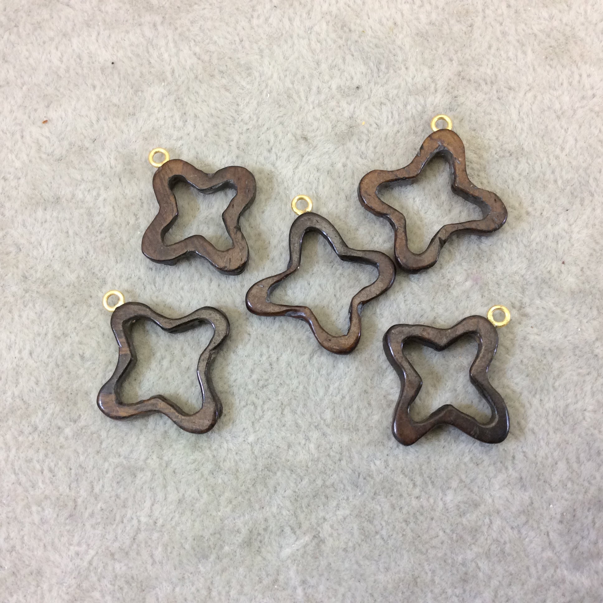 Extra Small Dark Brown Open Quatrefoil Shaped Natural Ox Bone Focal Pendant W Attached Gold Suspension Ring - Measuring 23mm x 23mm, Approx.
