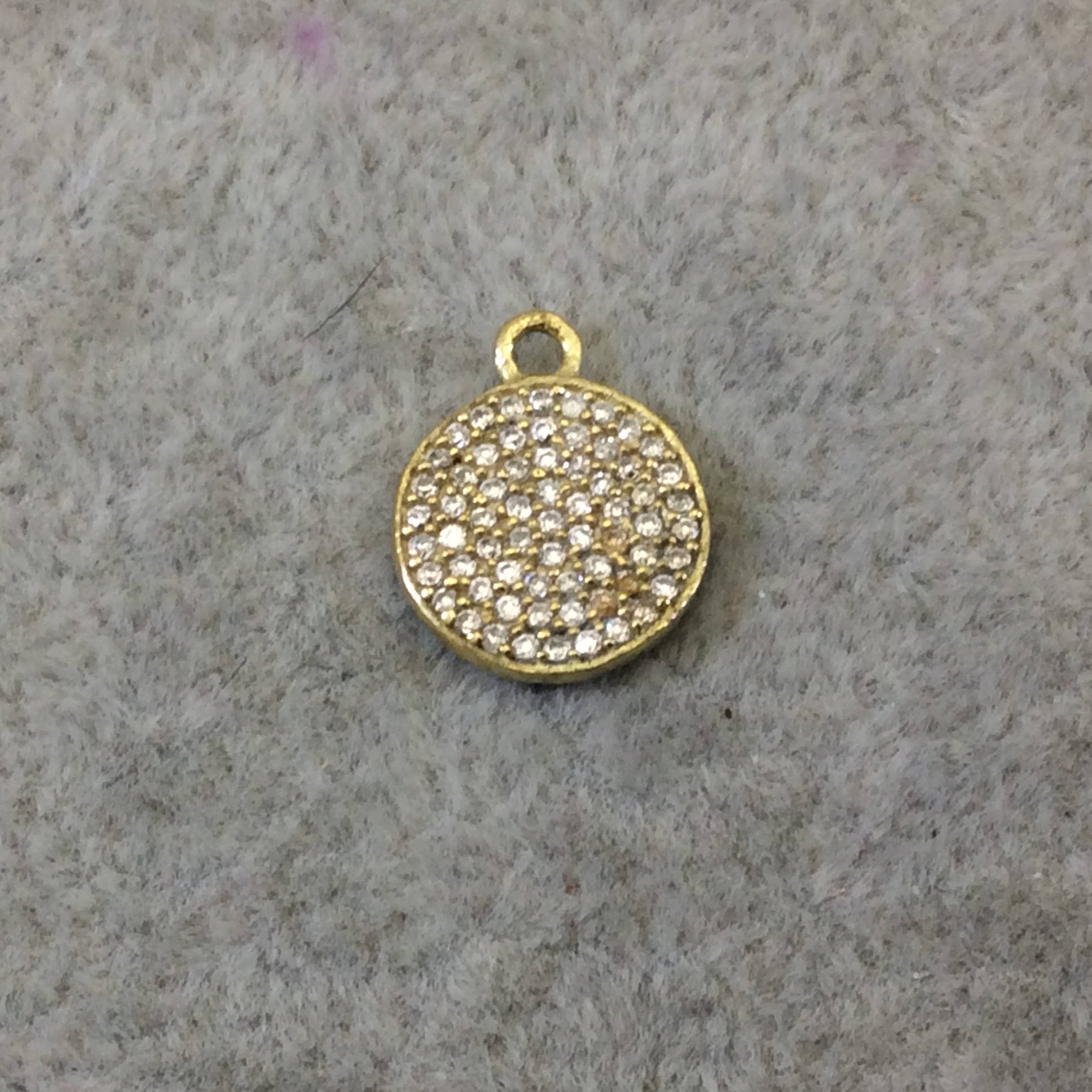 Tiny Gold Finish Round/Coin Shaped CZ Cubic Zirconia Inlaid Plated Copper Pendant Component - Measuring 11mm x 11mm  - Sold Individually