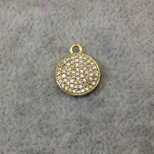 Tiny Gold Finish Round/Coin Shaped CZ Cubic Zirconia Inlaid Plated Copper Pendant Component - Measuring 11mm x 11mm  - Sold Individually