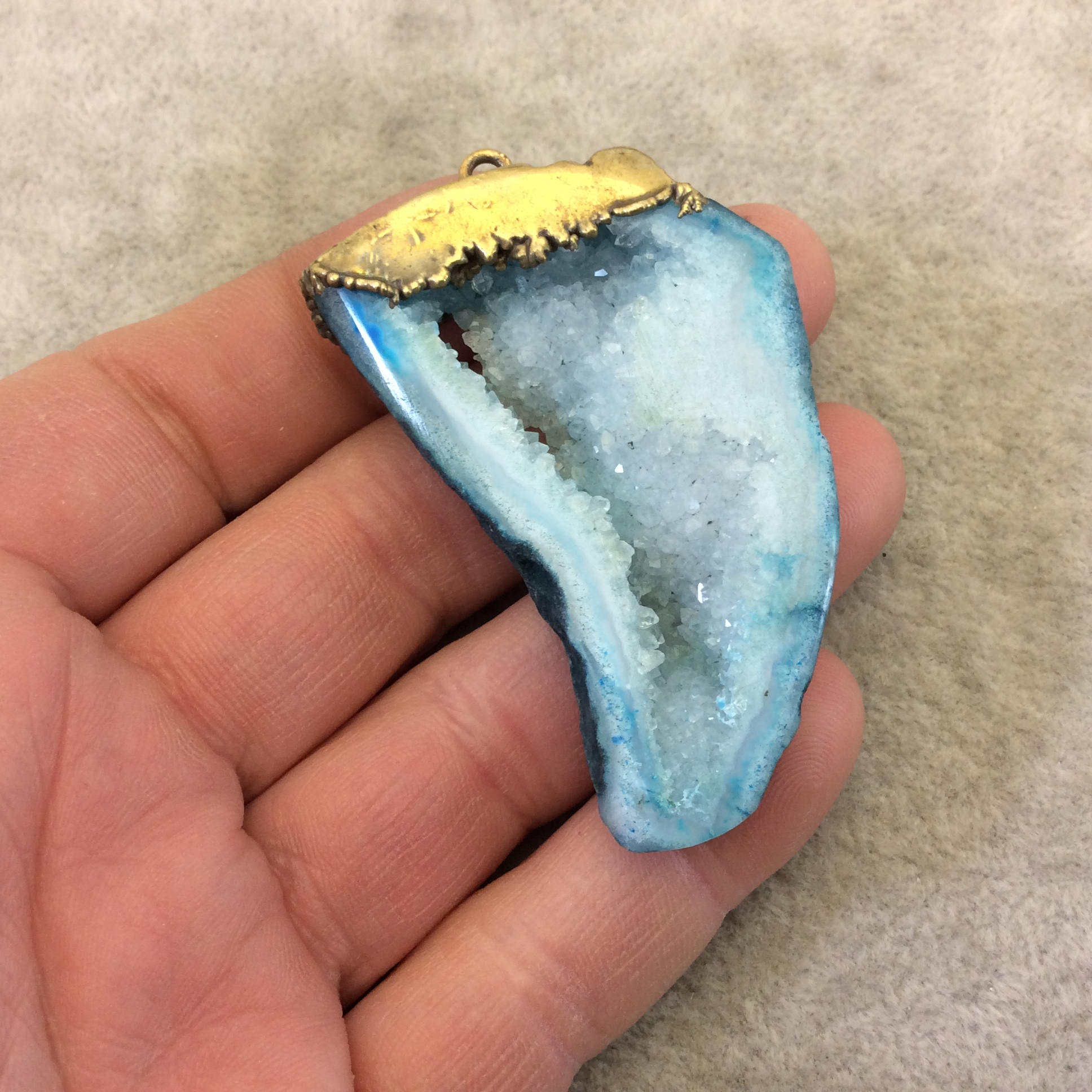 OOAK Rustic Brass Electroplated Aqua/Pale Aqua Druzy Solar Quartz Freeform Focal Pendant "SQP-10" -  Measuring 35mm x 50mm Approximately