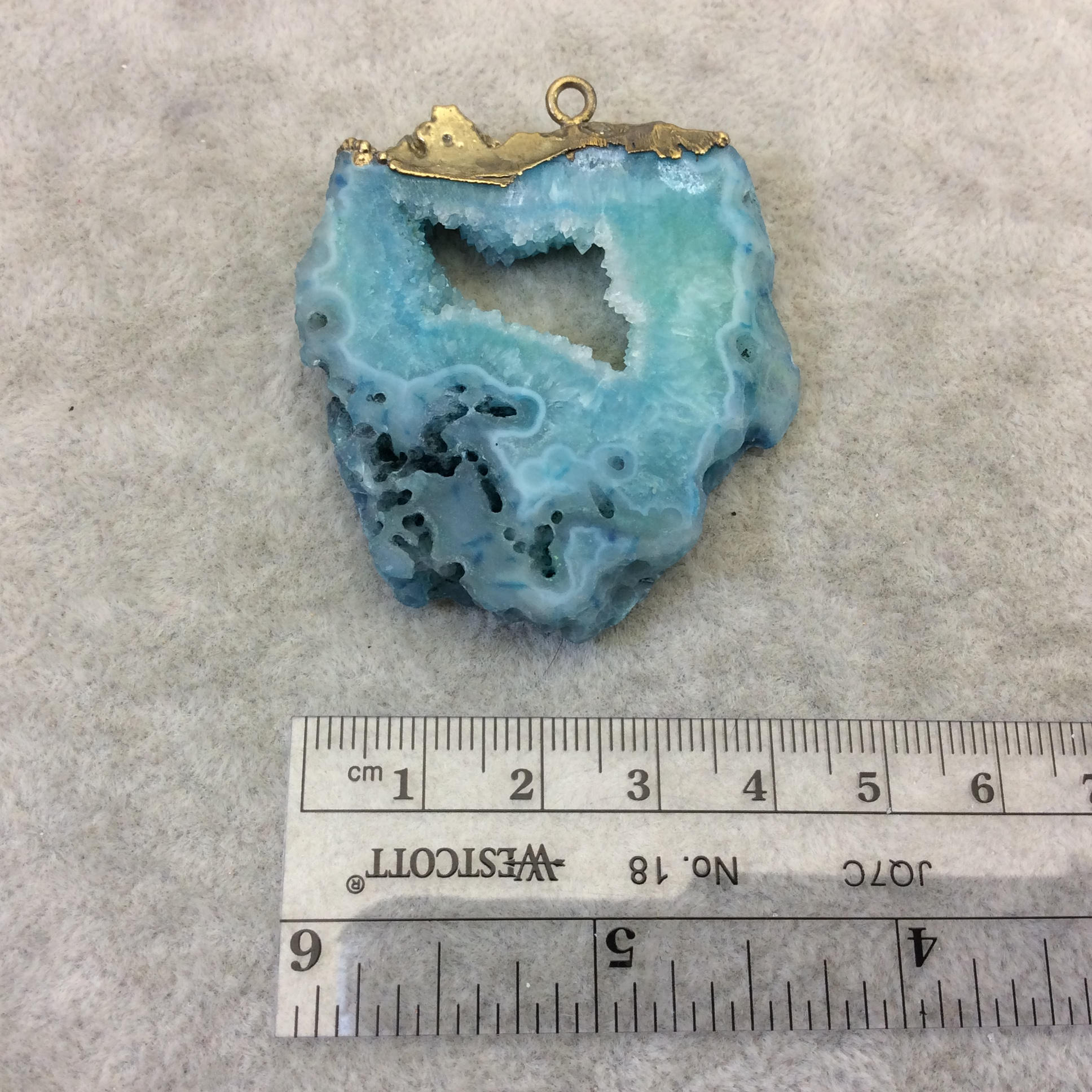 OOAK Rustic Brass Electroplated Aqua/Pale Aqua Druzy Solar Quartz Freeform Focal Pendant "SQP-12" -  Measuring 45mm x 45mm Approximately