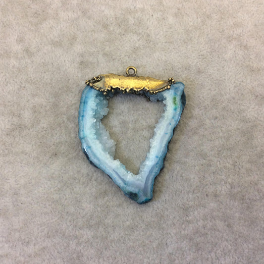 OOAK Rustic Brass Electroplated Aqua/Pale Aqua Druzy Solar Quartz Freeform Focal Pendant "SQP-9" -  Measuring 40mm x 45mm Approximately