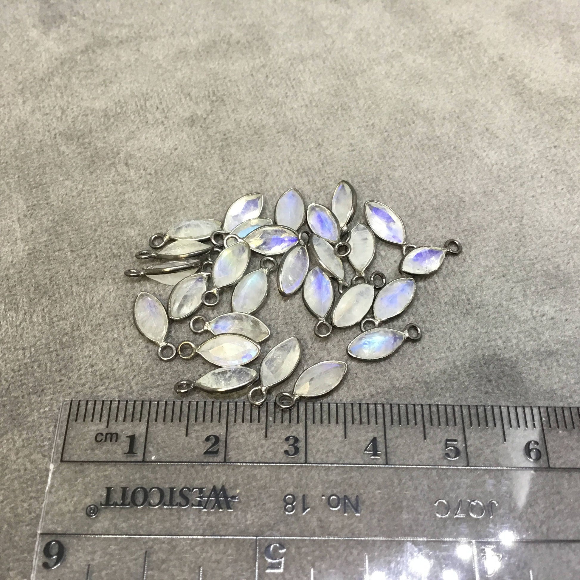 BULK PACK of Six (6) Gunmetal Sterling Silver Pointed/Cut Stone Faceted Marquise Shaped Moonstone Bezel Pendants - Measuring 4mm x 8mm