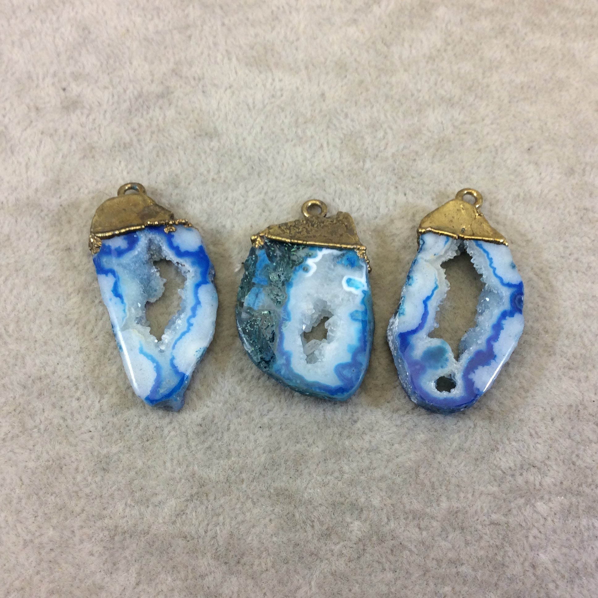 Long Rustic Brass Electroplated White/Blue/Green Druzy Solar Quartz Freeform Focal Pendant ~ 30-32mm x 20-23mm, Sold Individually, Random