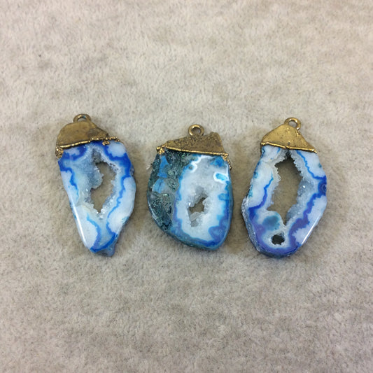 Long Rustic Brass Electroplated White/Blue/Green Druzy Solar Quartz Freeform Focal Pendant ~ 30-32mm x 20-23mm, Sold Individually, Random