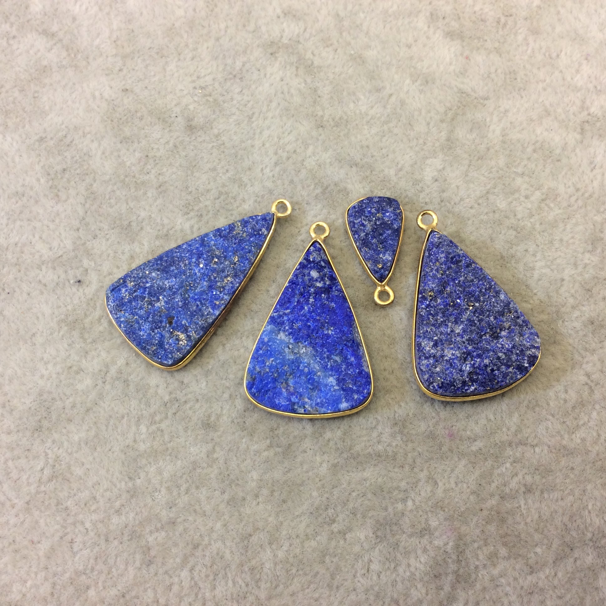 Jeweler's Lot Gold Plated Four Natural Rough/Raw Lapis Lazuli Triangle Shaped Bezel Pendants "RLL08" ~ 15-32mm Long - Semi-Precious Gem